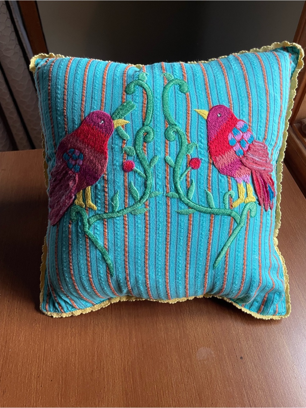 Colorful Decorative Embroidered Tropical Bird Accent Pillow by April Cornell